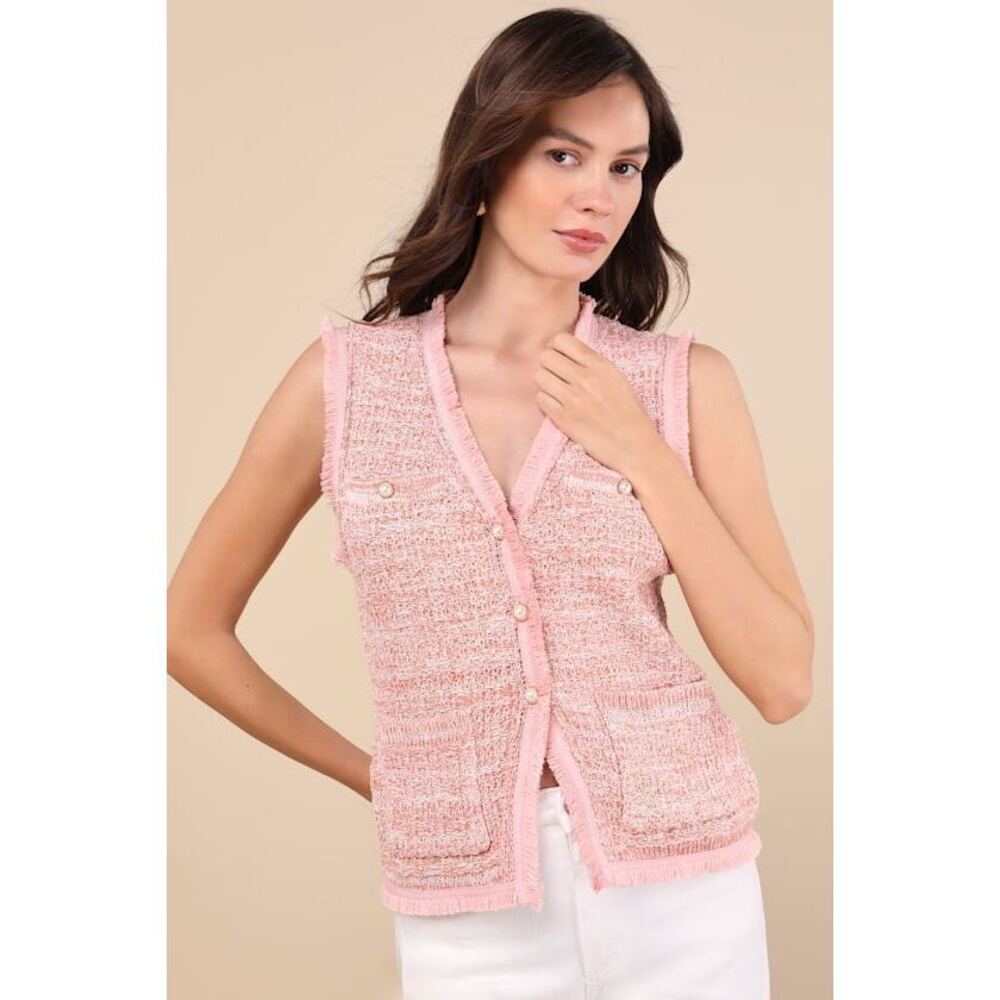 Lulus Jeslyn Pink Boucle Pearl Button-front Sleeveless Top - Size XS
NWT